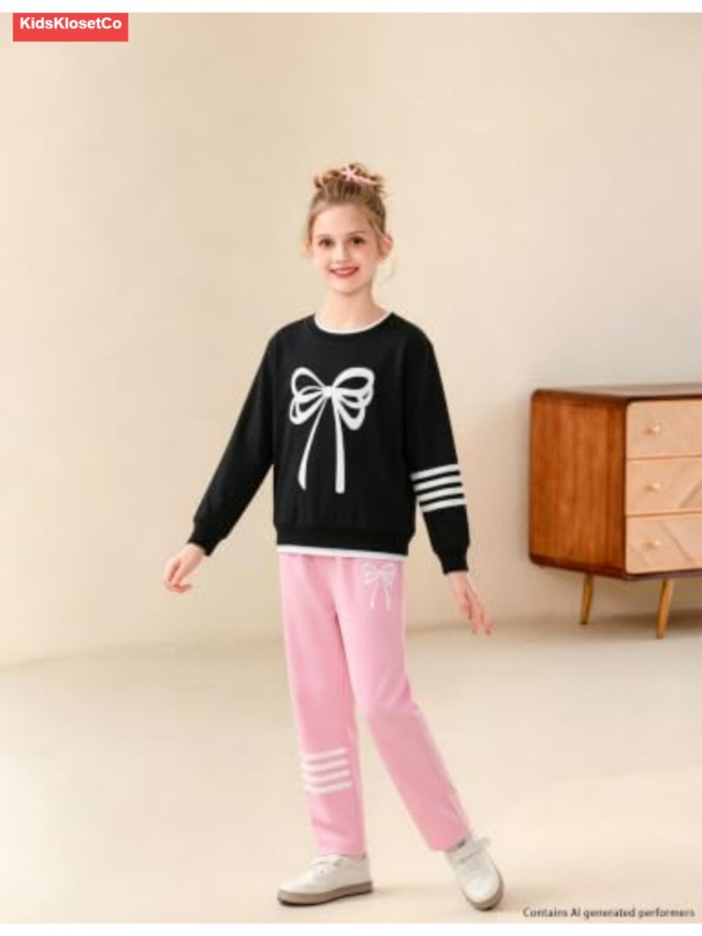 Girls Bow Print Sweatshirt & Striped Jogger Pants Outfit Set - Picture 5 of 6